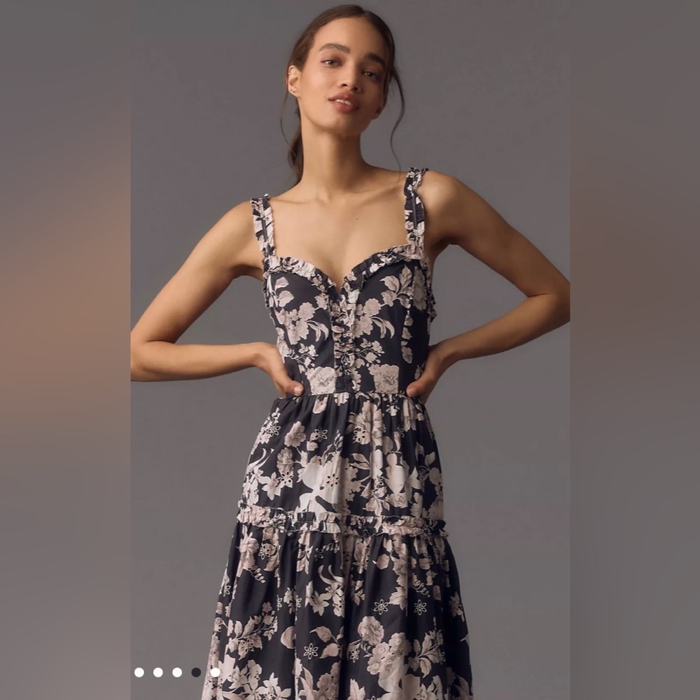 Anthropologie Black and Cream Floral Midi Dress - Picture 5 of 8